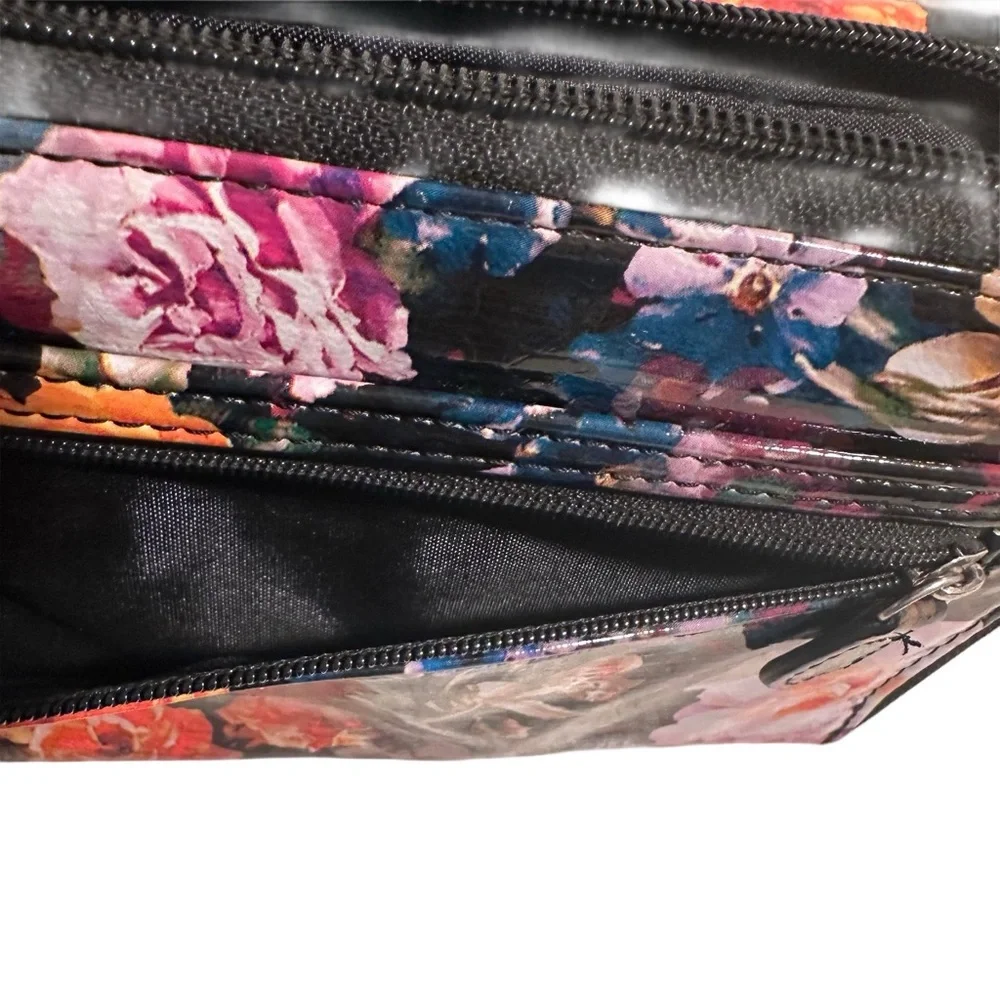 Patent Leather Floral Wallet Clutch in Black with Pink & Orange Flowers GUC